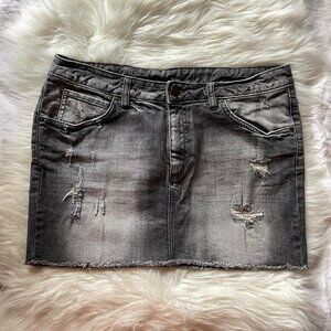 Grey Distressed Mini Denim Skirt